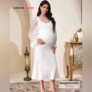 ✨SHEIN White Maternity Puff Sleeve Embellished Midi Dress ✨